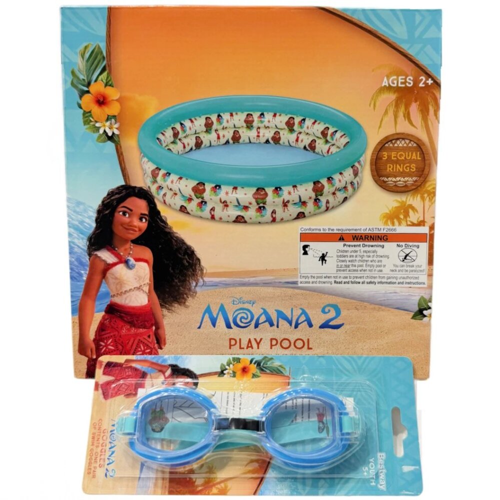 Moana Kiddie Pool 40 Inch Inflatable 3 Ring & Goggles Water Play Outdoor Summer